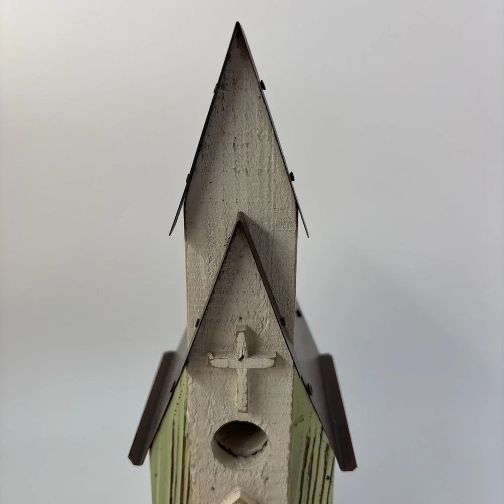 Distressed Church Bird House Sanctuary Wood Cross Metal Roof Cottage Farm Boho
